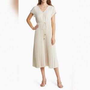 Pleated V-Neck Midi Dress Cream